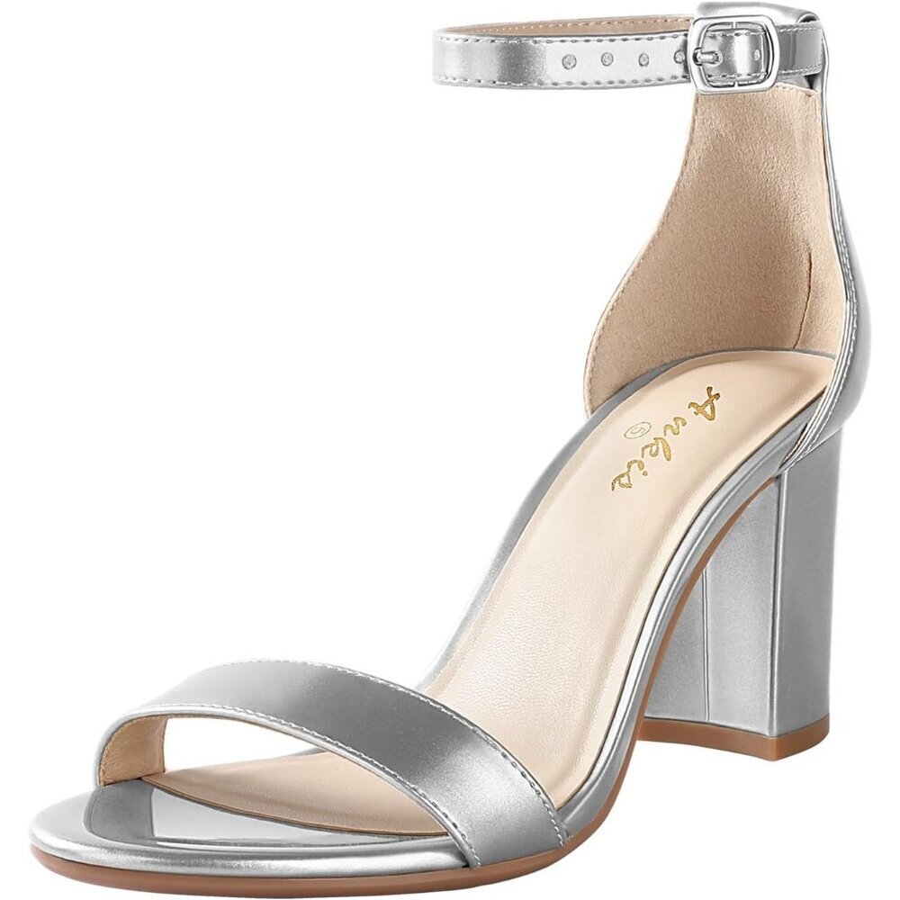 〽️Women's Silver Open Toe Ankle Strap Chunky Heel Sandals with 2.75 Inch Heel